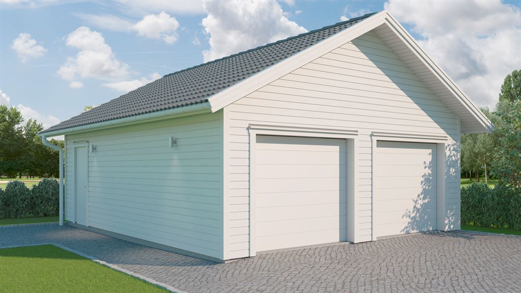 Visualisering av garage 2 i med två garageportar klassisk stil