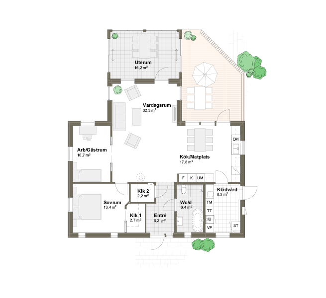 Planlösning med uterum spegelvänd Villa Balgö