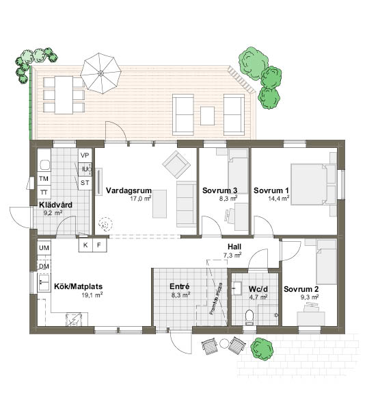 Planlösning Villa Ängaviken 3M/T spegelvänt