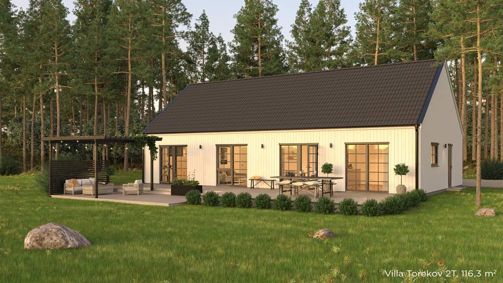 Visualisering av ett vitt enplanshus med spröjs i modern stil