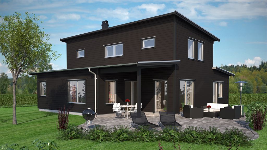 Visualisering av svart en och en halv planshus med pulpettak i modern stil