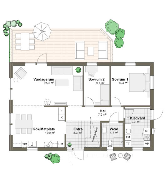 Planlösning Villa Ängaviken 2M/T spegelvänt