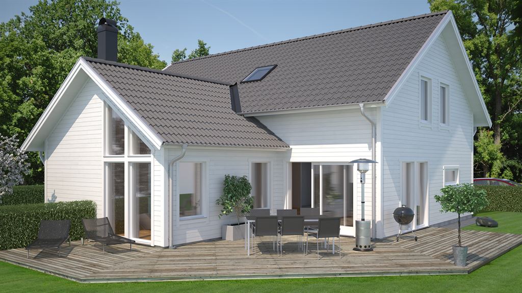 Visualisering av vitt 1 1/2 plans hus i lösvirke i klassisk stil