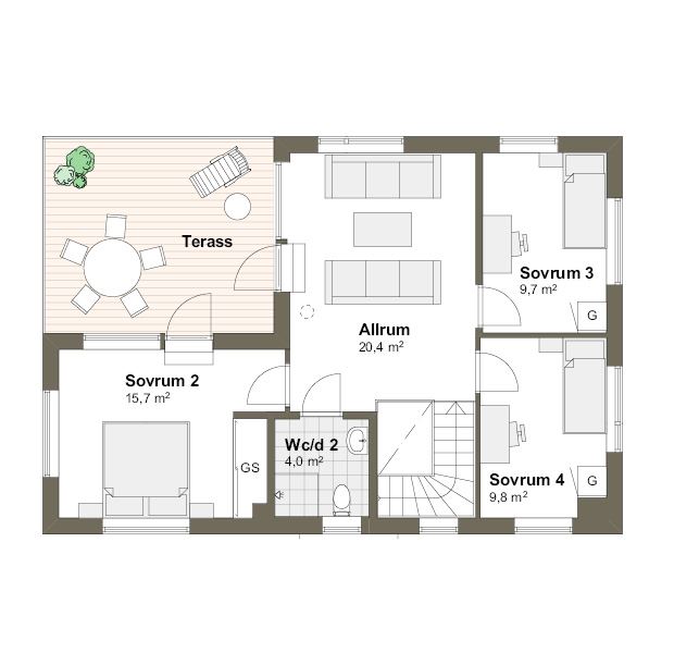 Planlösning övre plan villa Nääs