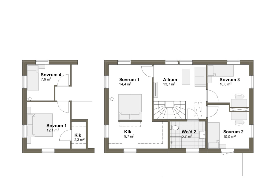 Planlösning Villa Malö T övre plan spegelvänd