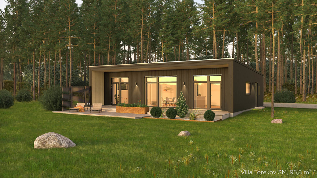 Visualisering av ett svart enplanshus med pulpettak