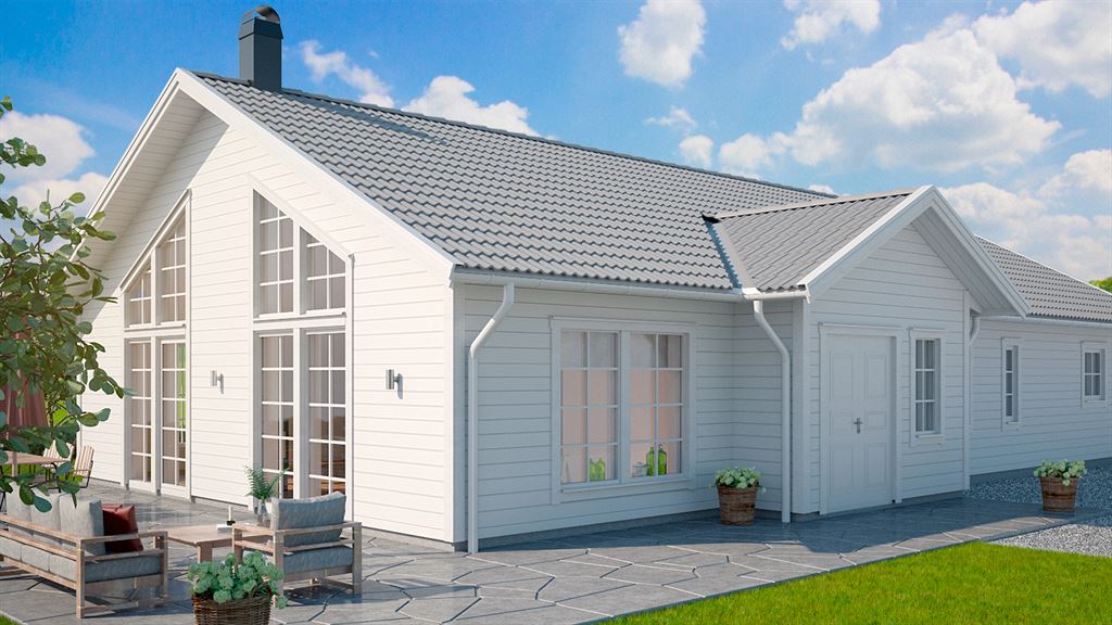 Visualisering av vitt enplanshus i lösvirke i traditionell stil