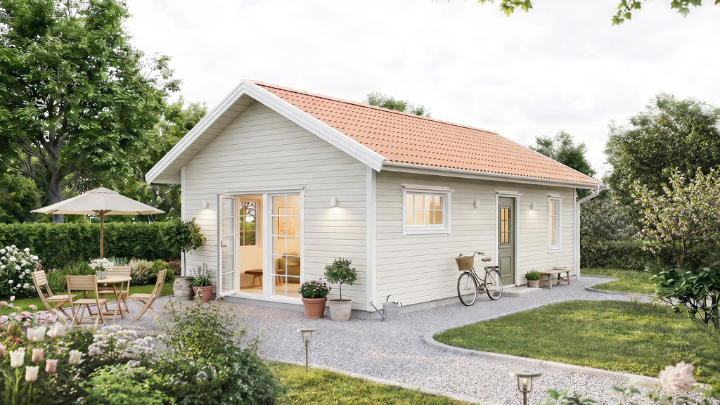 Visualisering av ett vitt fritidshus i lösvirke i traditionell stil