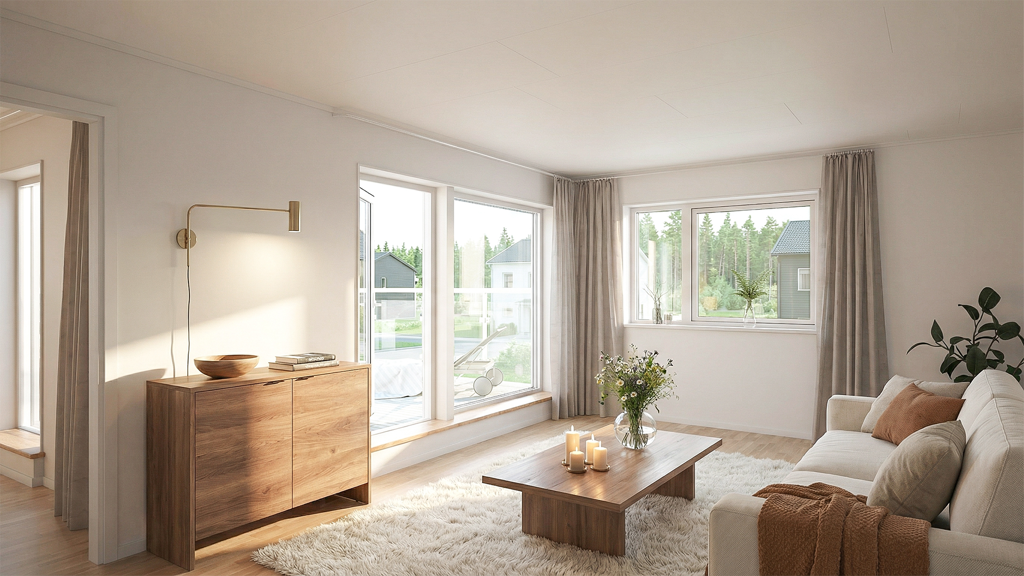 Visualisering av interiören av ett svart tvåplanshus i lösvirke i modern stil 