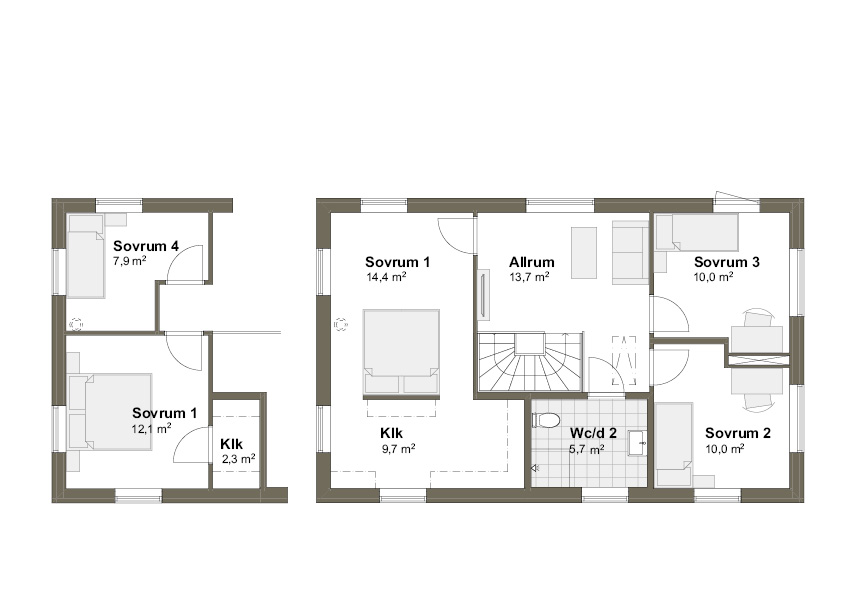 Planlösning Villa Malö M Övre plan spegelvänd