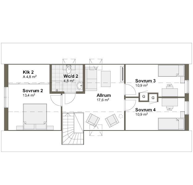 Planlösning T övre plan spegelvänd Villa Arild
