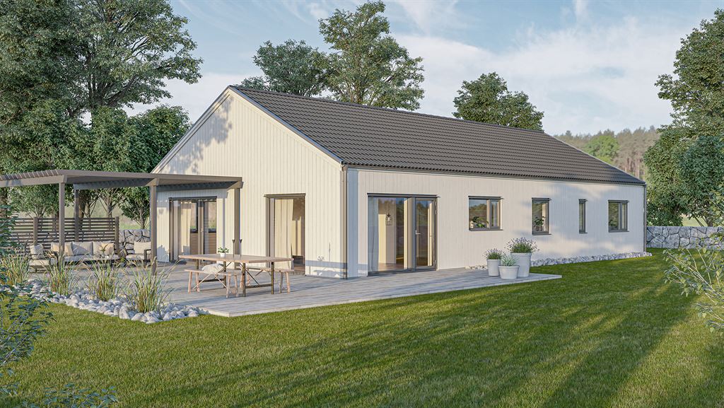Visualisering av ett vitt enplanshus med  svarta fönster och sadeltak i modern stil