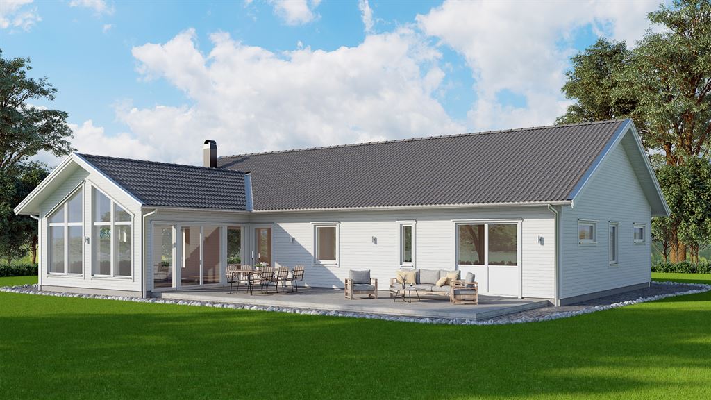 Visualisering av vitt enplanshus i lösvirke i traditionell stil med gråa takpannor