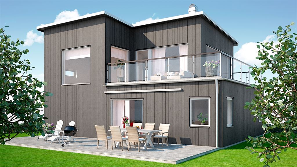 Visualisering av kundanpassat svart tvåplanshus med balkong i modern stil villa V16026 Varbergshus