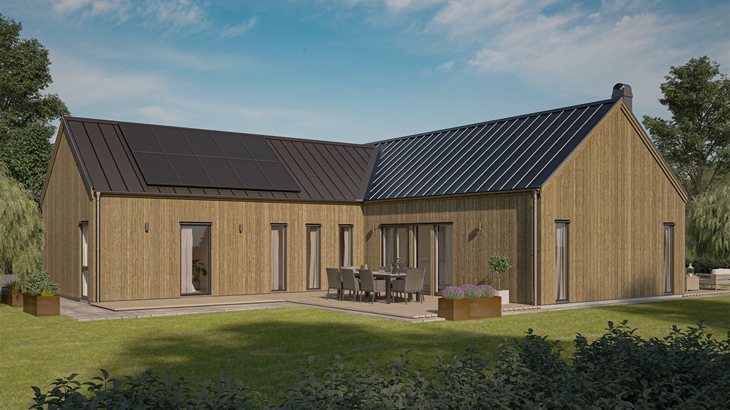 Visualisering av laserat enplanshus med sadeltak i modern stil