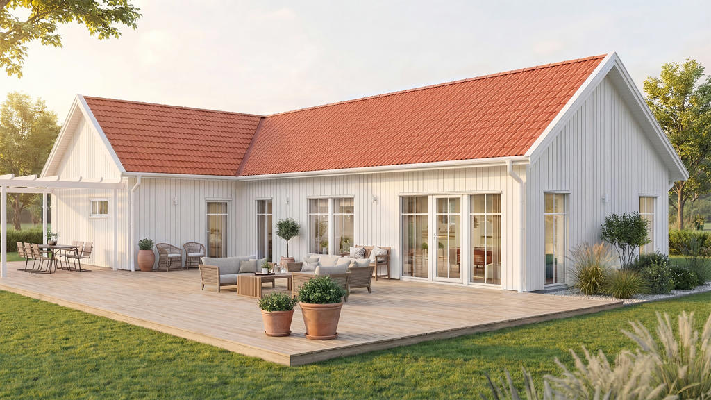 Visualisering av ett vitt enplanshus i lösvirke i traditionell stil