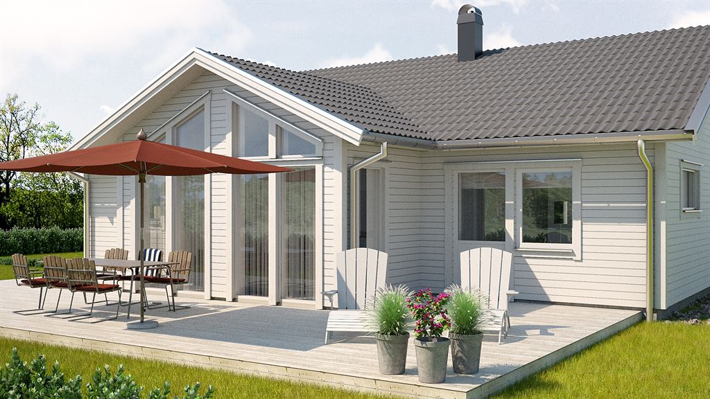 Visualisering av vitt enplanshus med sadeltak i klassisk stil från varbergshus