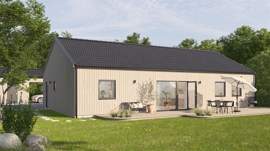 Visualisering av svart enplanshus med svart tak  i modern stil