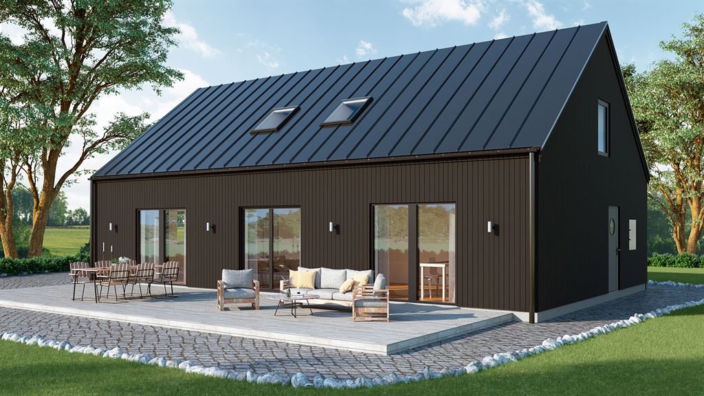 Visualisering av svart enplanshus i lösvirke med svart plåttak 