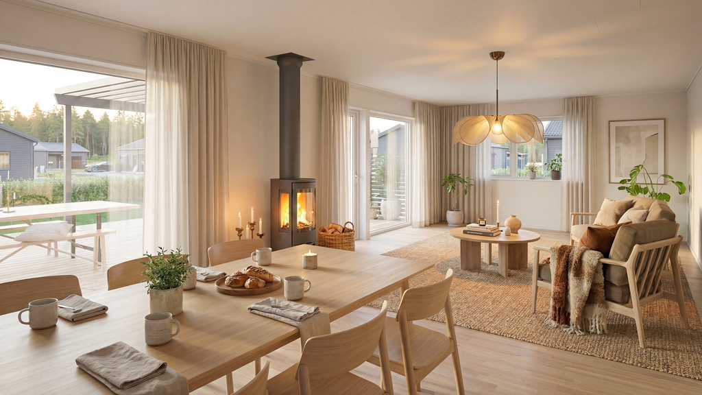 Interiör visualisering av ett enplanshus i lösvirke