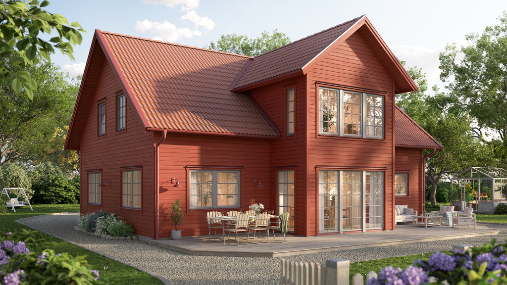 Visualisering av rött 1,5-planshus i lösvirke i traditionell stil