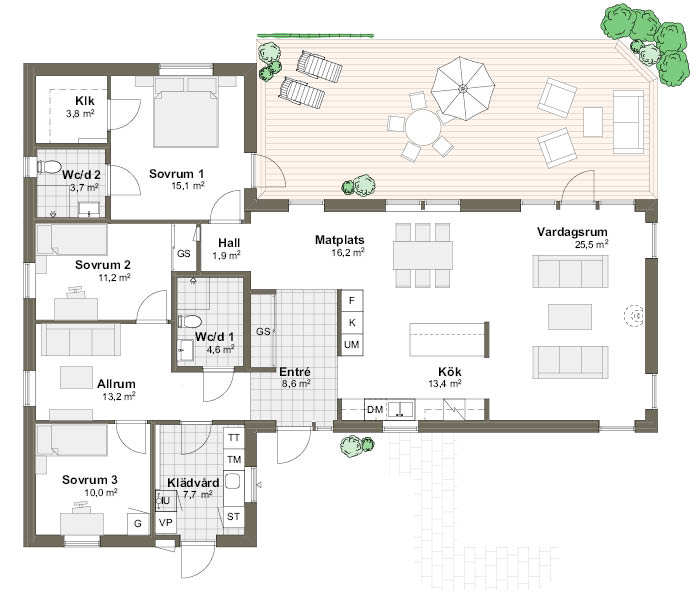  Planlösning M/T 140,3m2 spegelvänd Villa Strandlyckan