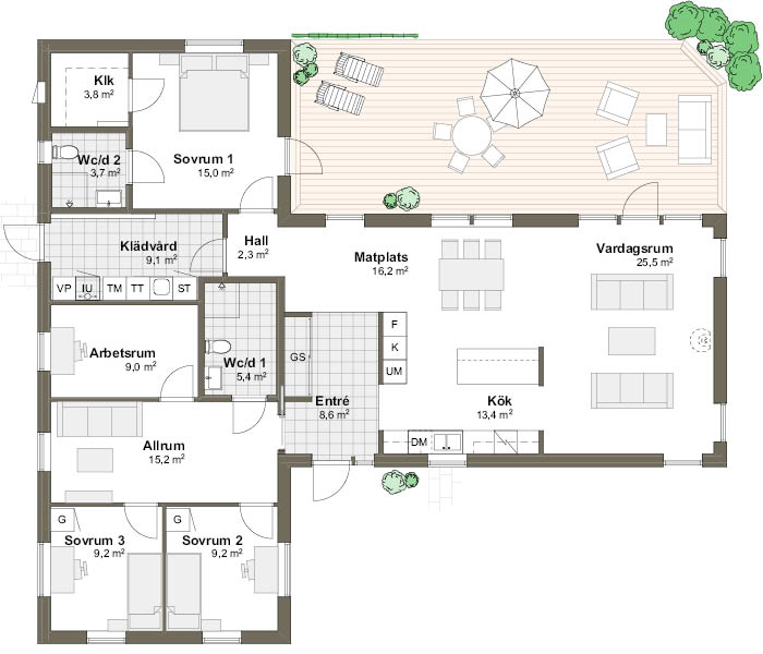  Planlösning M/T 152 spegelvänd Villa Strandlyckan