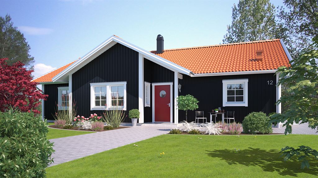 Visualisering av svart enplanshus med orange sadeltak i klassisk stil