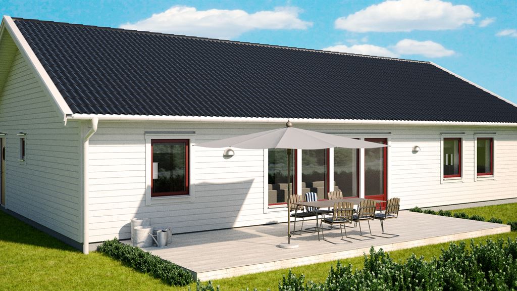 Visualisering av vitt enplanshus med röda fönster