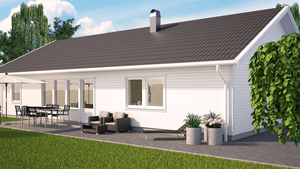 Visualisering av vitt enplanshus i lösvirke i klassisk stil