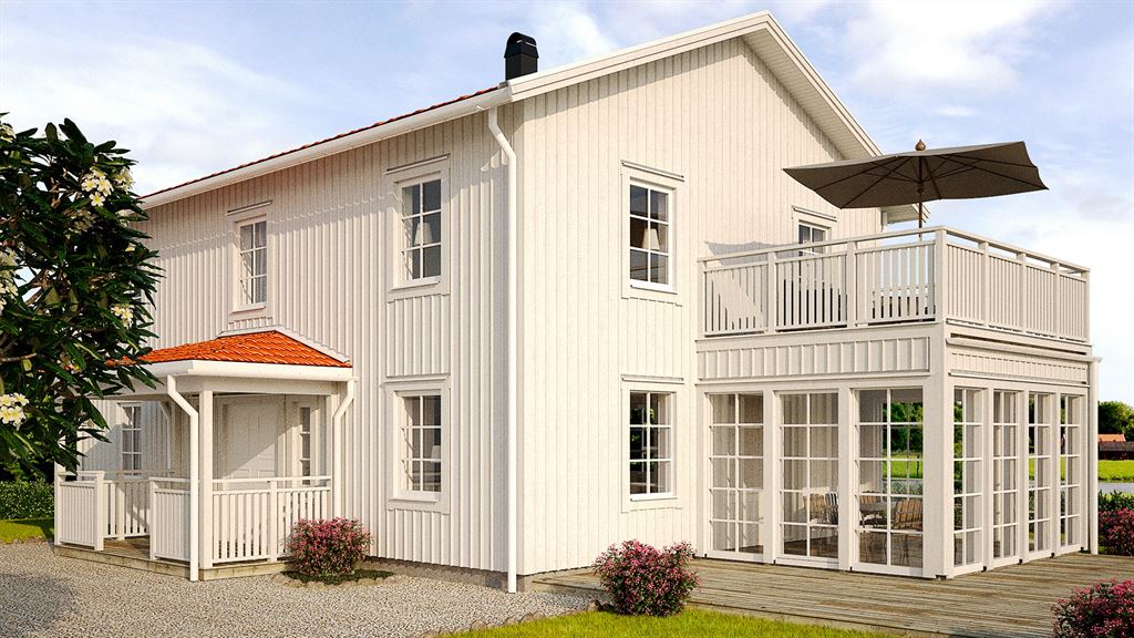 Visualisering av vitt tvåplanshus med sadeltak i traditionell stil