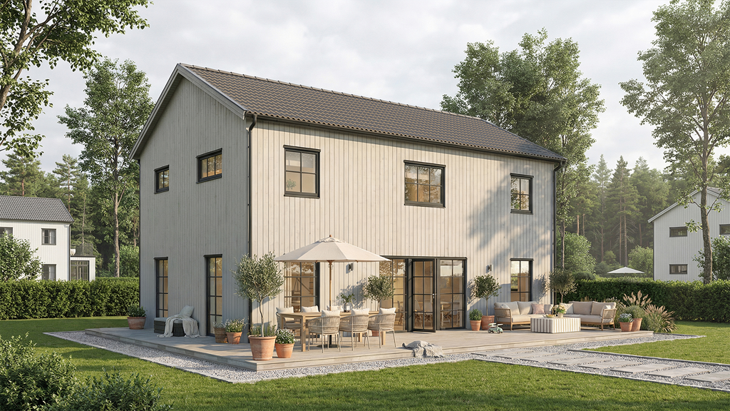Visualisering av grått 2-planshus i lösvirke i modern stil
