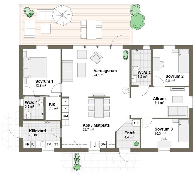 Planlösning T spegelvänt Villa Ekeskär