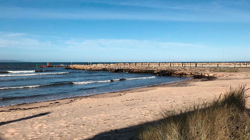 Strand och brygga i Vejbystrand