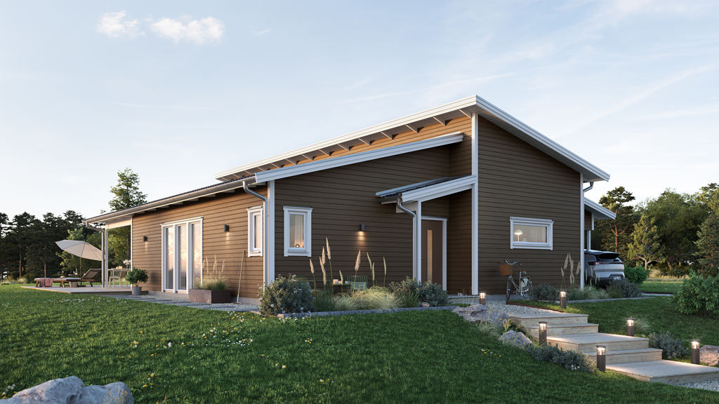 Visualisering av brunt enplanshus i lösvirke i modern stil