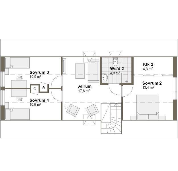 Planlösning T övre plan Villa Arild