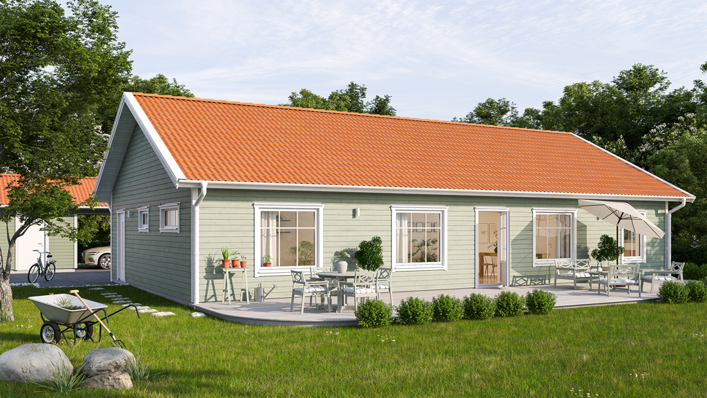 Visualisering av ett ljusgrönt enplanshus med orange tak och spröjsade fönster